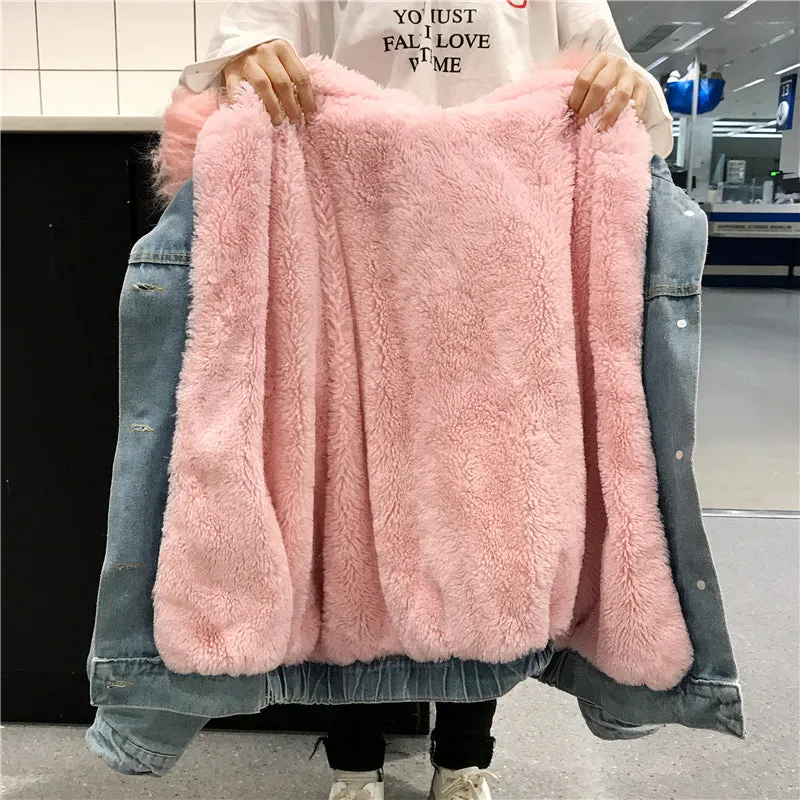 Women's Autumn/Winter Warm Hooded Denim Jacket With Fur On Hood