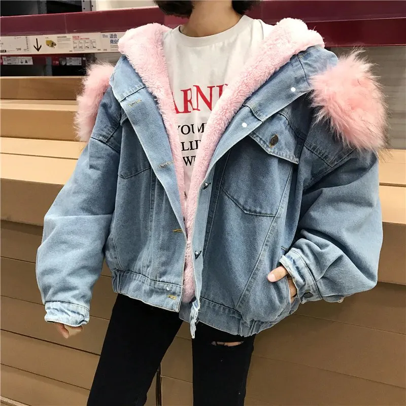 Women's Autumn/Winter Warm Hooded Denim Jacket With Fur On Hood