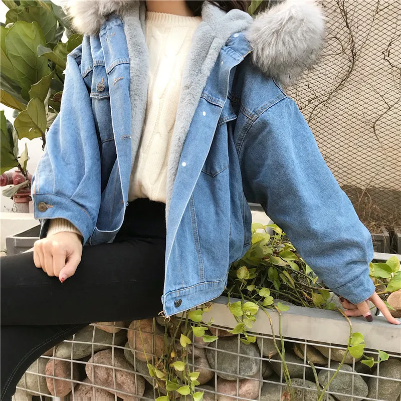 Women's Autumn/Winter Warm Hooded Denim Jacket With Fur On Hood
