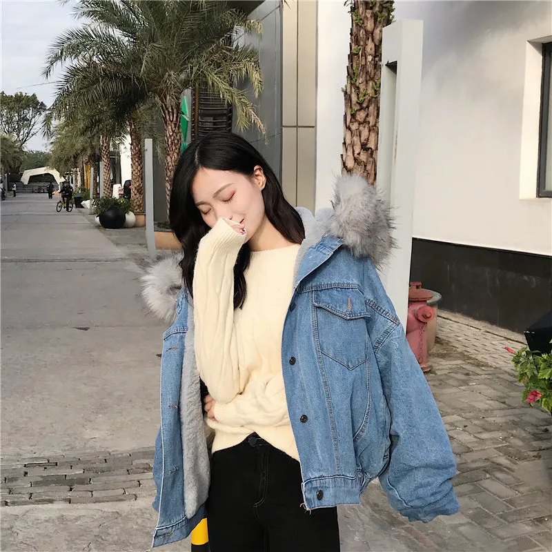 Women's Autumn/Winter Warm Hooded Denim Jacket With Fur On Hood