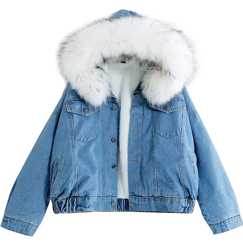 Women's Autumn/Winter Warm Hooded Denim Jacket With Fur On Hood