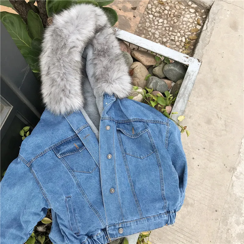Women's Autumn/Winter Warm Hooded Denim Jacket With Fur On Hood
