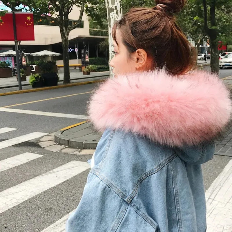 Women's Autumn/Winter Warm Hooded Denim Jacket With Fur On Hood