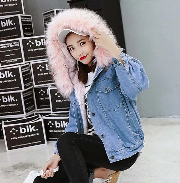 Women's Autumn/Winter Warm Hooded Denim Jacket With Fur On Hood