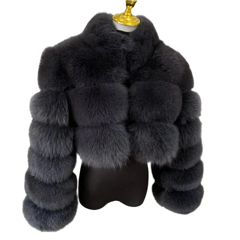 Women's Genuine Fox Fur Cropped Jacket – Warm Winter Fashion with Stand Collar, 100% Natural Fox Fur