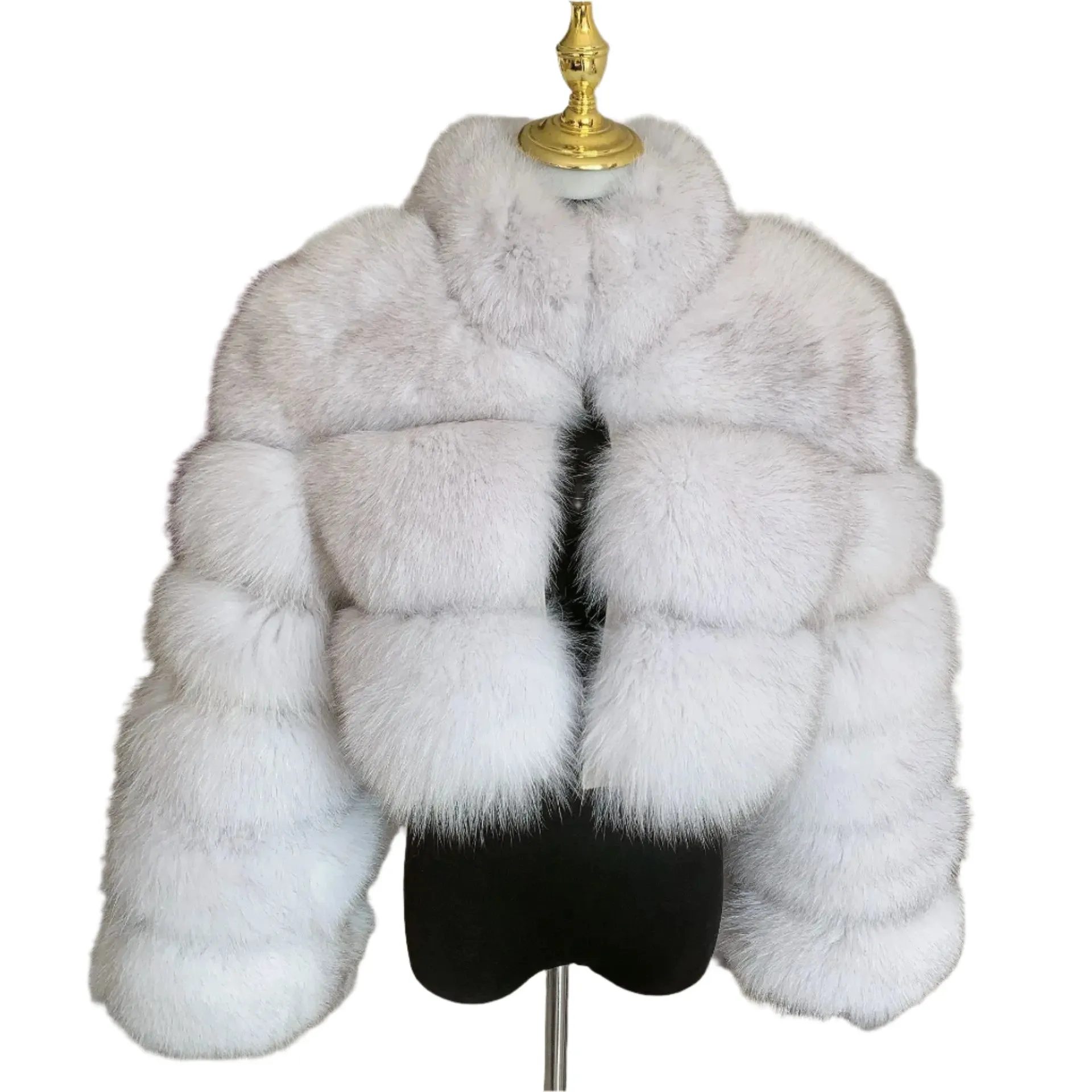 Women's Genuine Fox Fur Cropped Jacket – Warm Winter Fashion with Stand Collar, 100% Natural Fox Fur