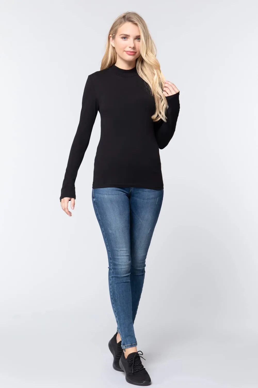 Women's Long Sleeve Mock Neck Cotton Jersey Top