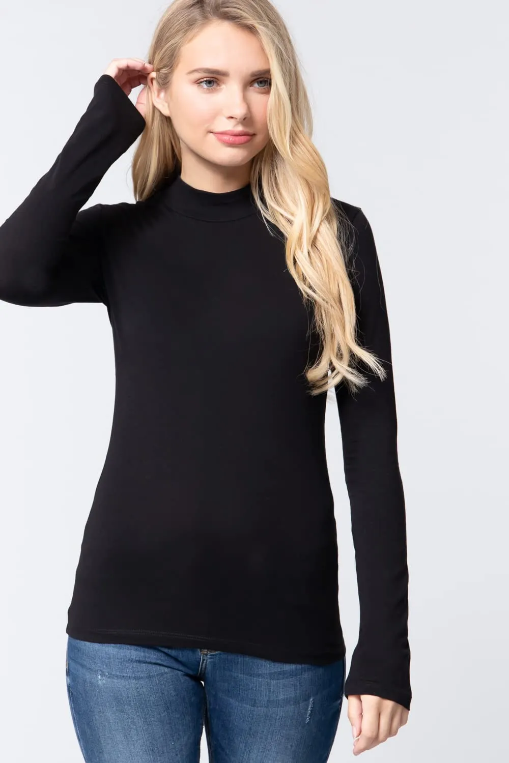 Women's Long Sleeve Mock Neck Cotton Jersey Top