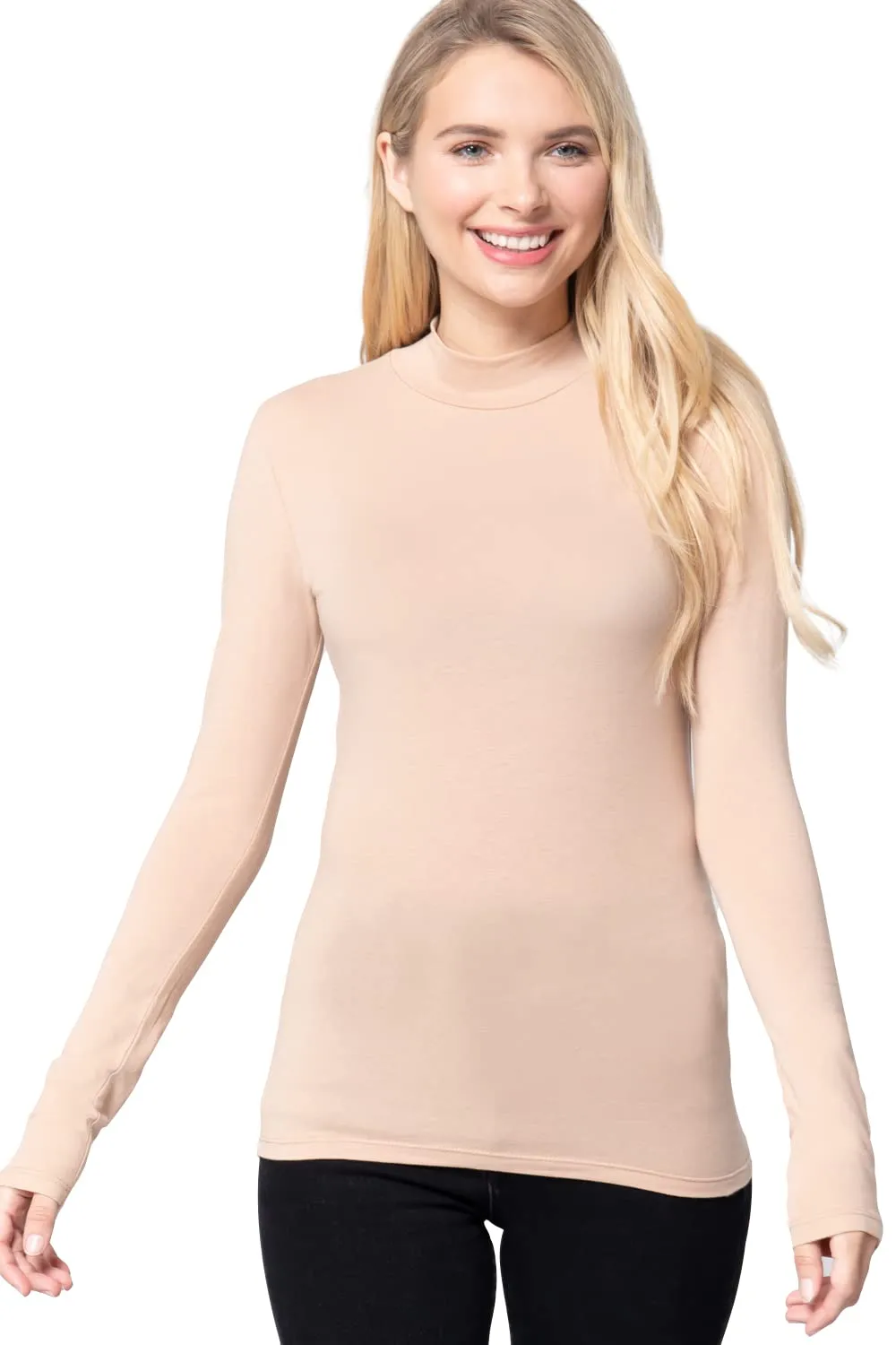 Women's Long Sleeve Mock Neck Cotton Jersey Top