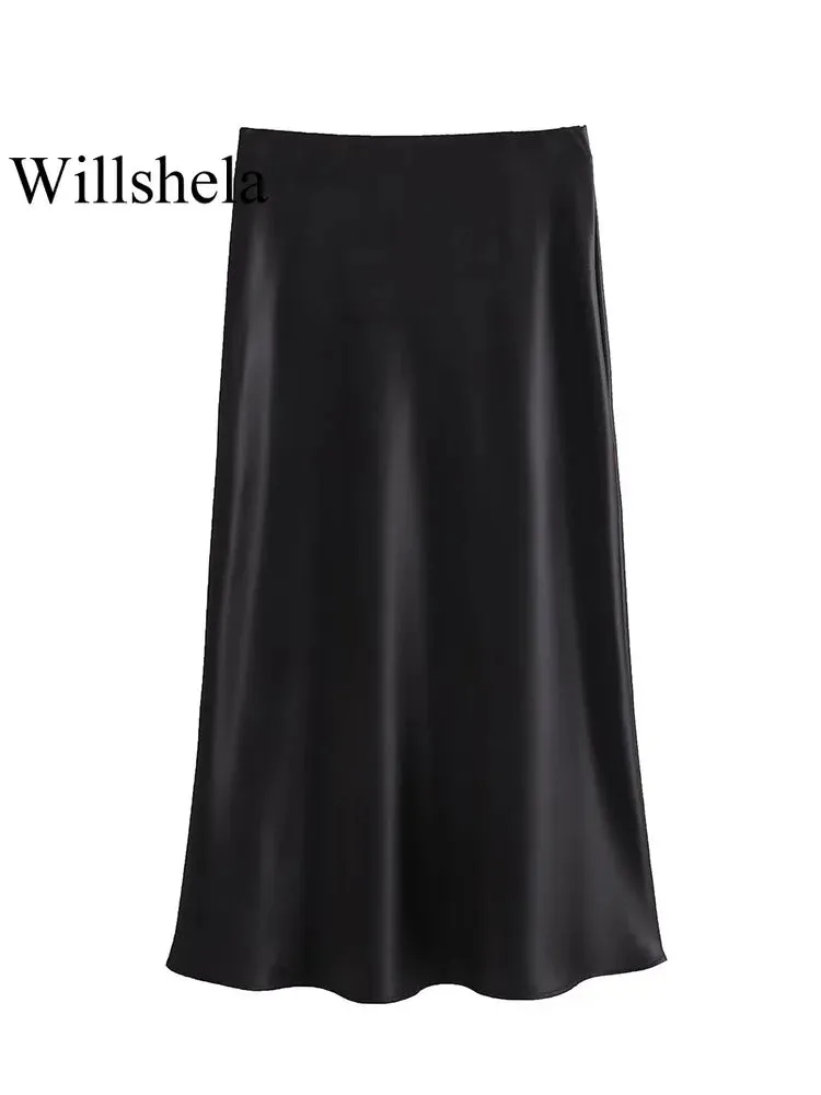Women's Satin Pleated Midi Skirt