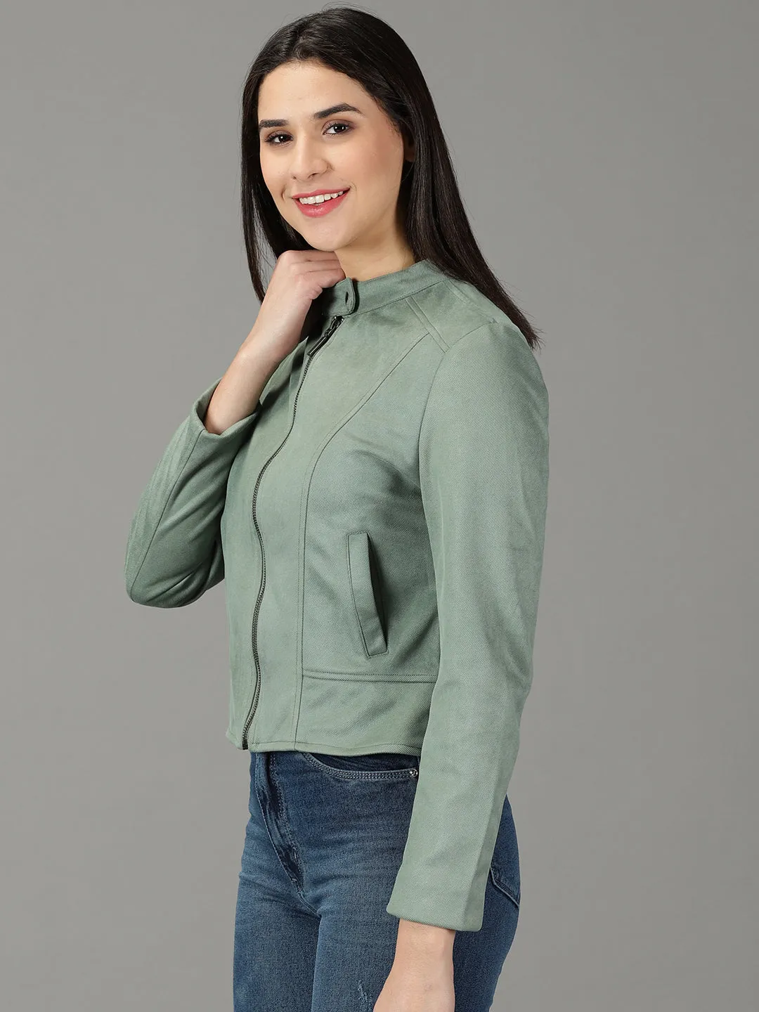 Women's Sea Green Solid Open Front Jacket